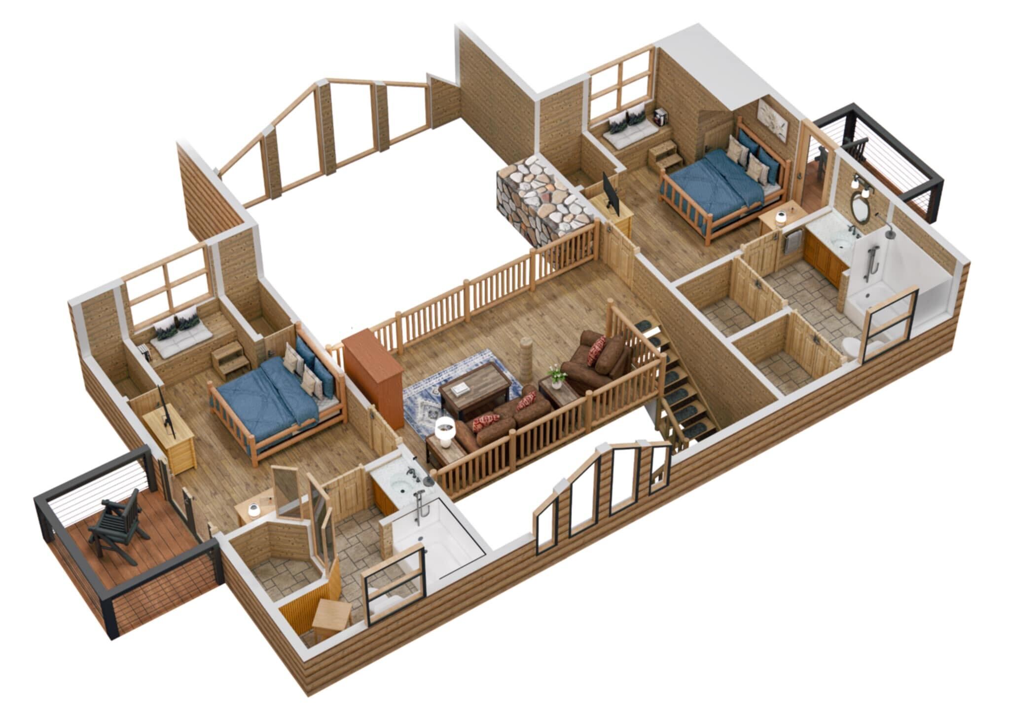 This floor plan highlights the comfortable sleeping arrangements, inviting living area, and convenient access to the balcony. Your mountain retreat awaits!