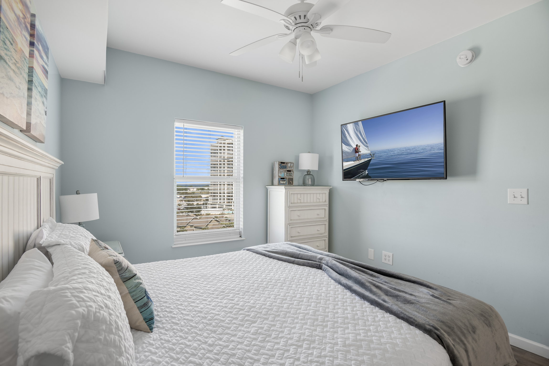 Secondary bedroom has KING bed, SMART TV w/ cable, private bathroom with walk in shower, and closet