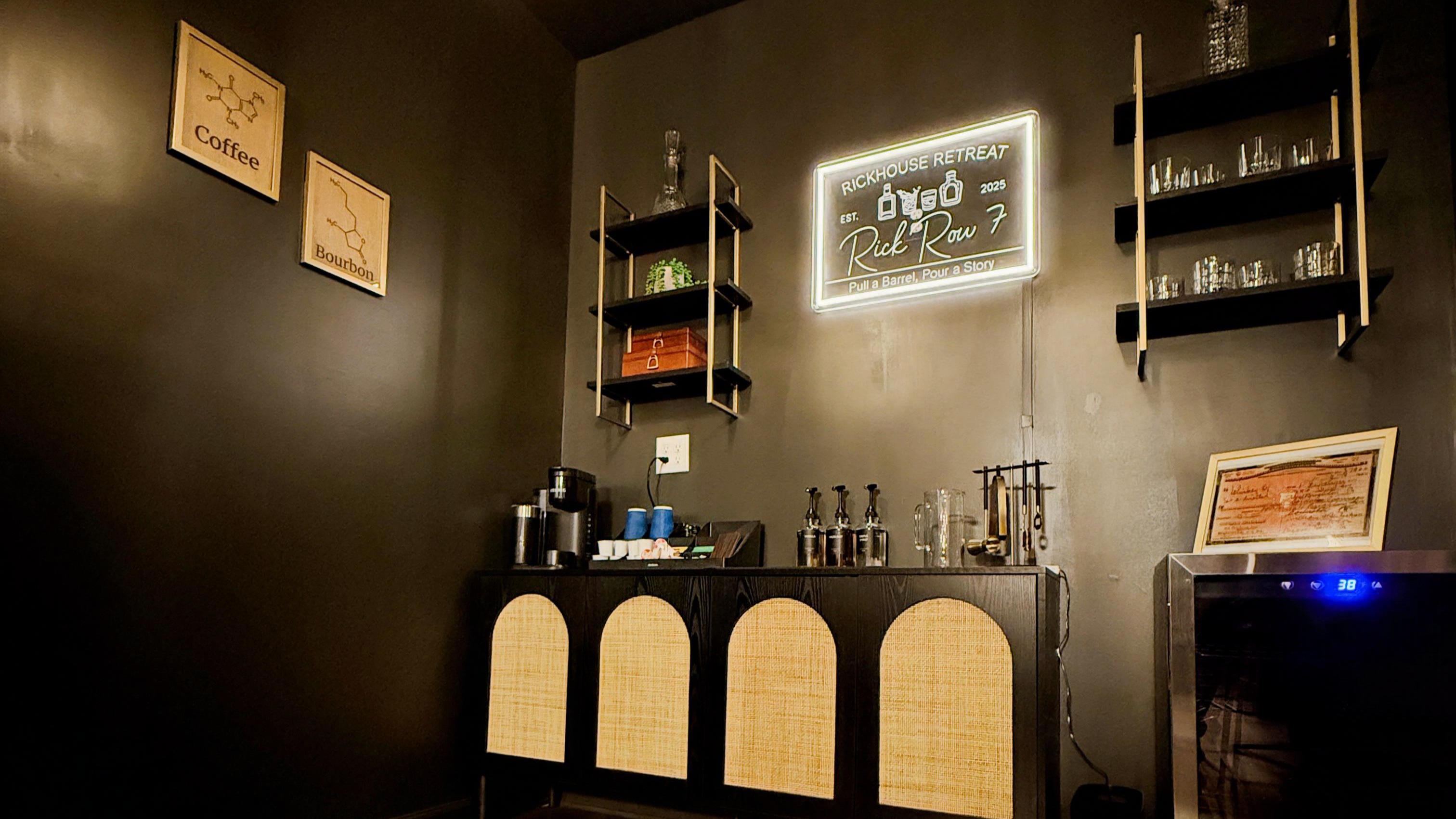 Design meets storytelling in this modern speakeasy — a space crafted for laughter, late-night toasts, or a quiet cup of comfort before calling it a night.