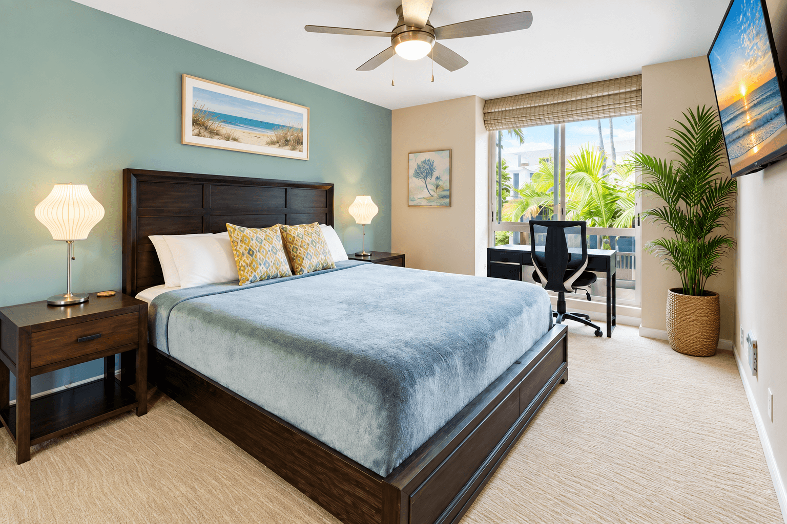 King-size bed with European blackout curtains and built-in charger ports
