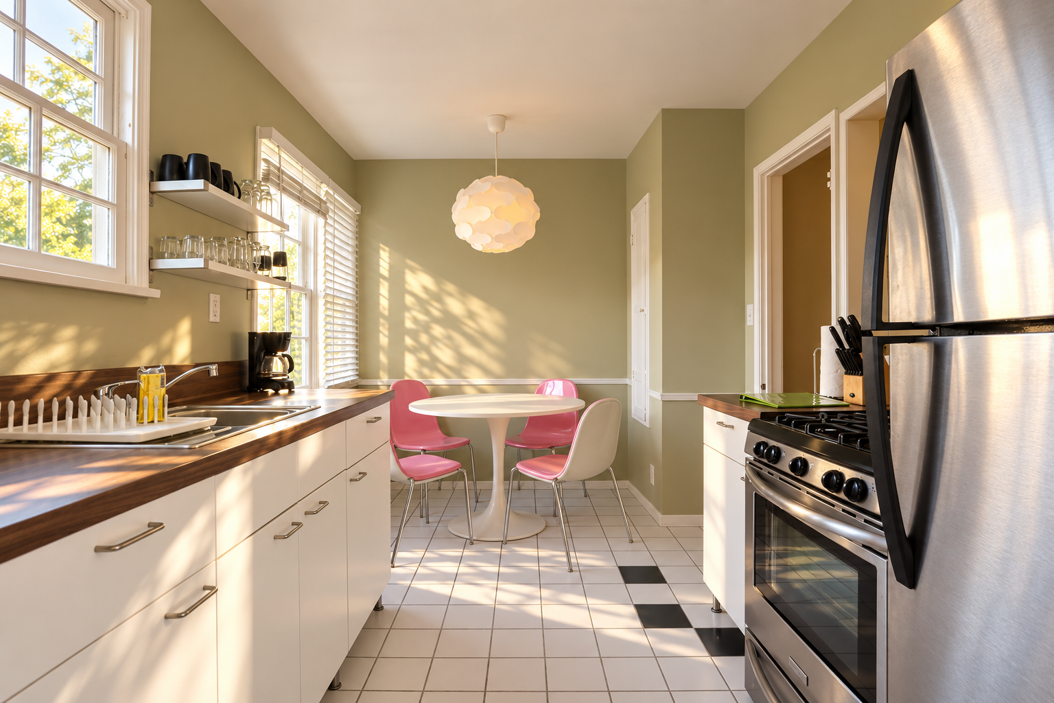 A wide kitchen view shows the stainless-steel appliances, long wood countertop, white cabinets and tiled floor with dark accents. At the far end, a sculptural pendant lights the round dining table beside windows overlooking greenery.
