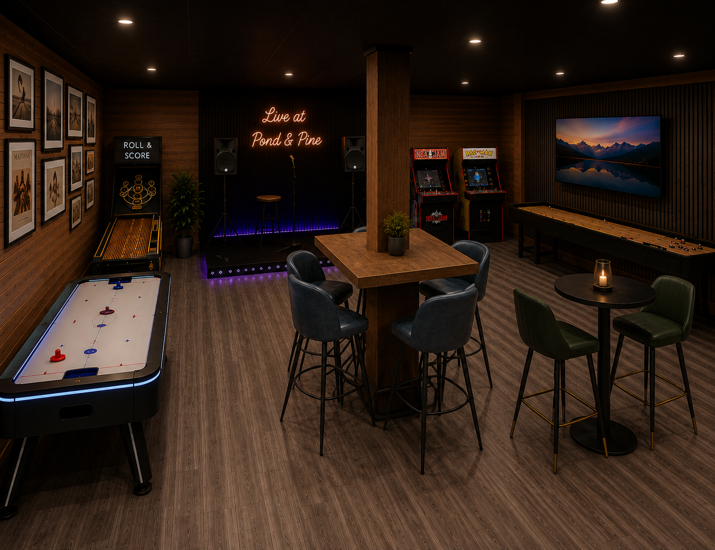 Game room design preview only - currently being completed by August 30, 2026. Actual photos will be updated shortly after.