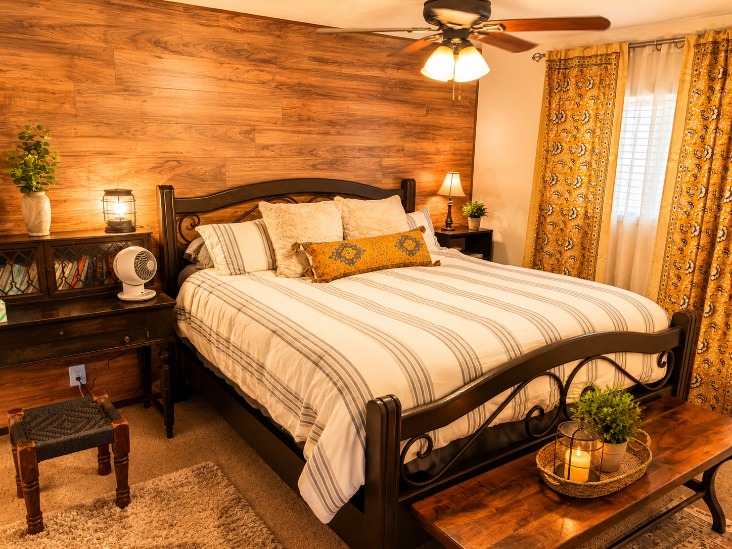 The master bedroom has a king size bed that is very comfortable, adorned with cozy linens  It also has reading lights on both sides and room darkening shades so you should be able to sleep soundly in this mountain retreat.