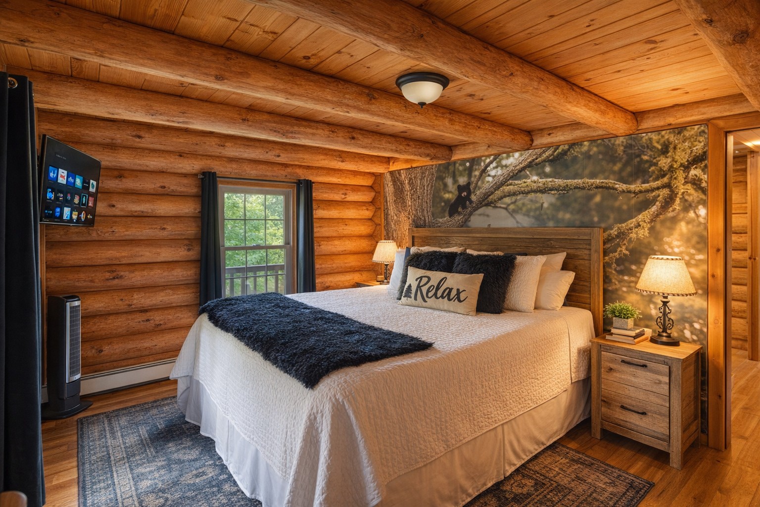 The master suite features a plush king bed, cozy textures, and a custom black bear mural that brings the outdoors in