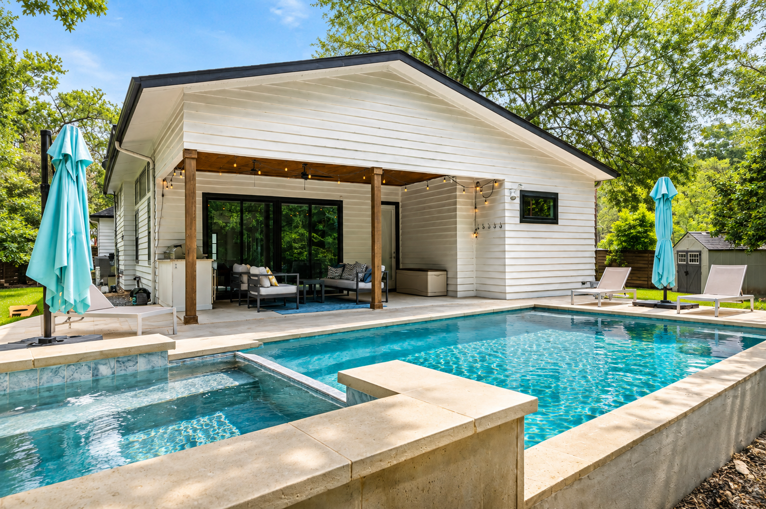 Spa waterfalling into pool