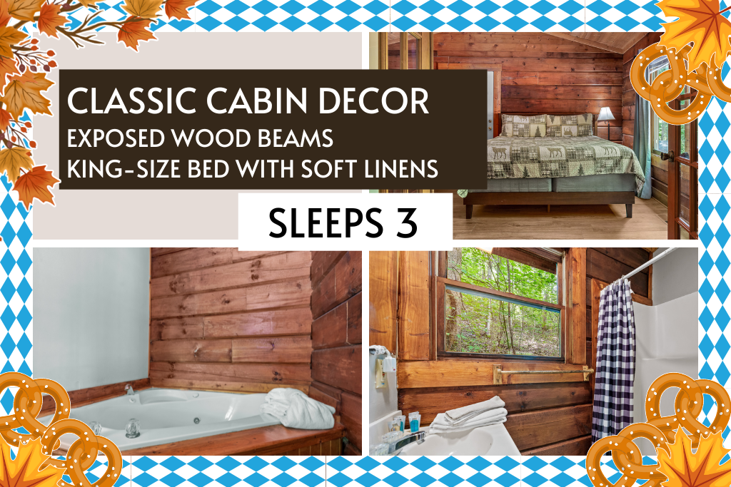 Classic cabin vibes with exposed beams, comfy bedding, and cozy corners.