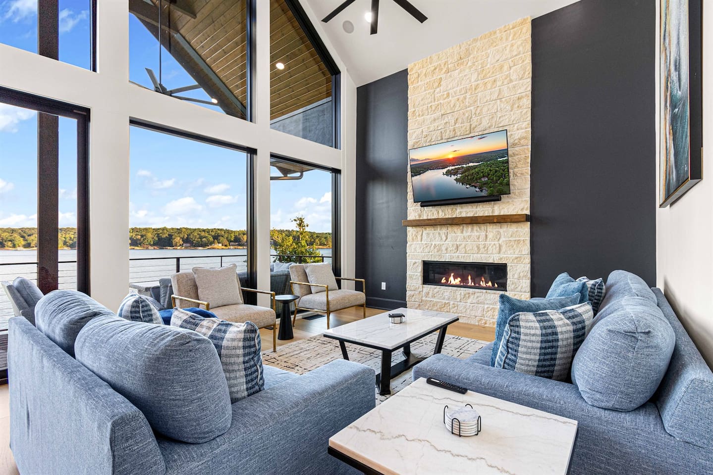 Curl up by the fire while the lake glows in the background.