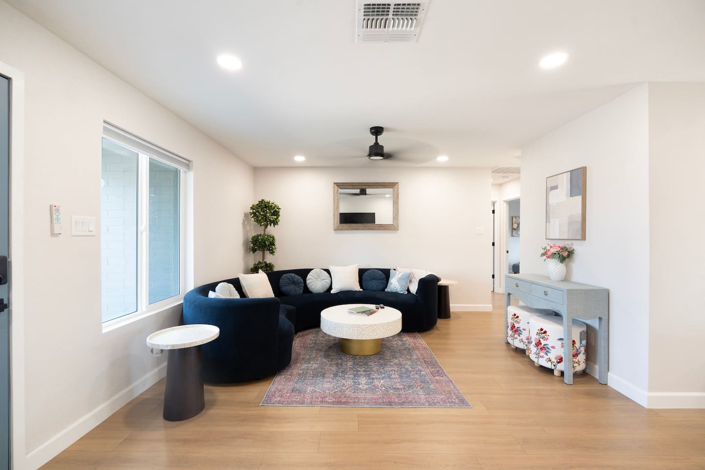 Stylish living room with plush seating and curated design—perfect for relaxing after a day in the Arizona desert