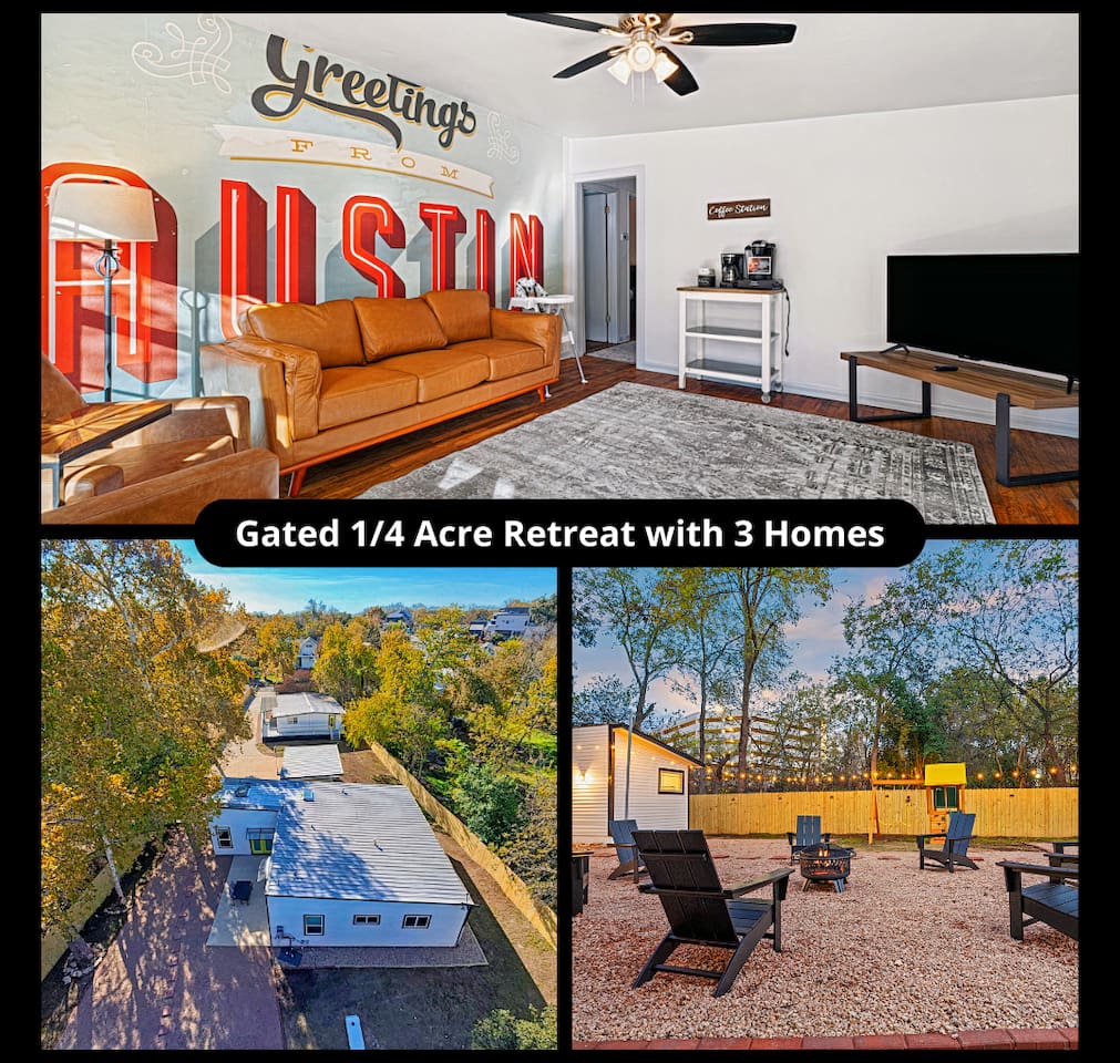 3 Homes, fire pit, and swing set