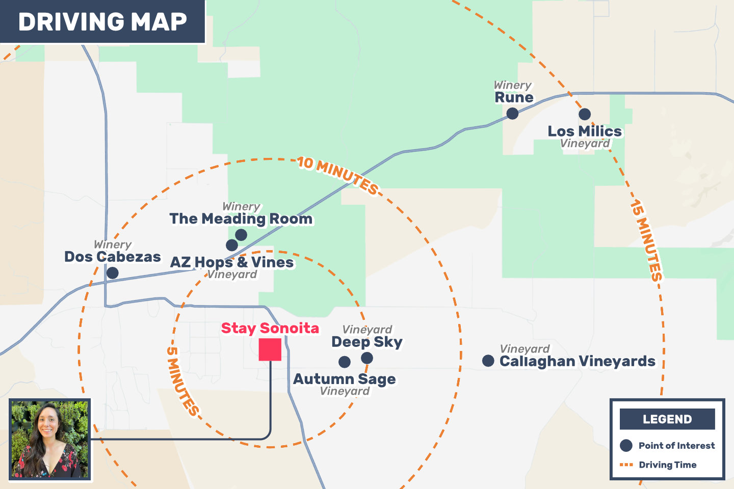 Driving map from the home to notable wineries