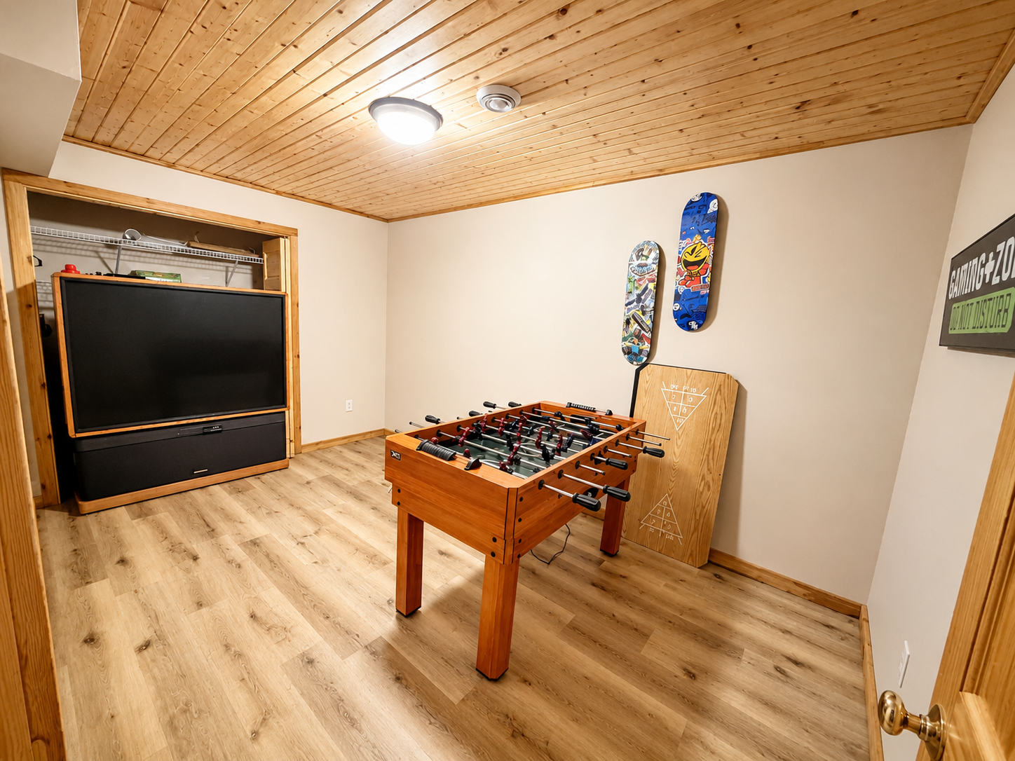 Game room with foosball gives kids and adults a fun place to hang out between Northwoods adventures.