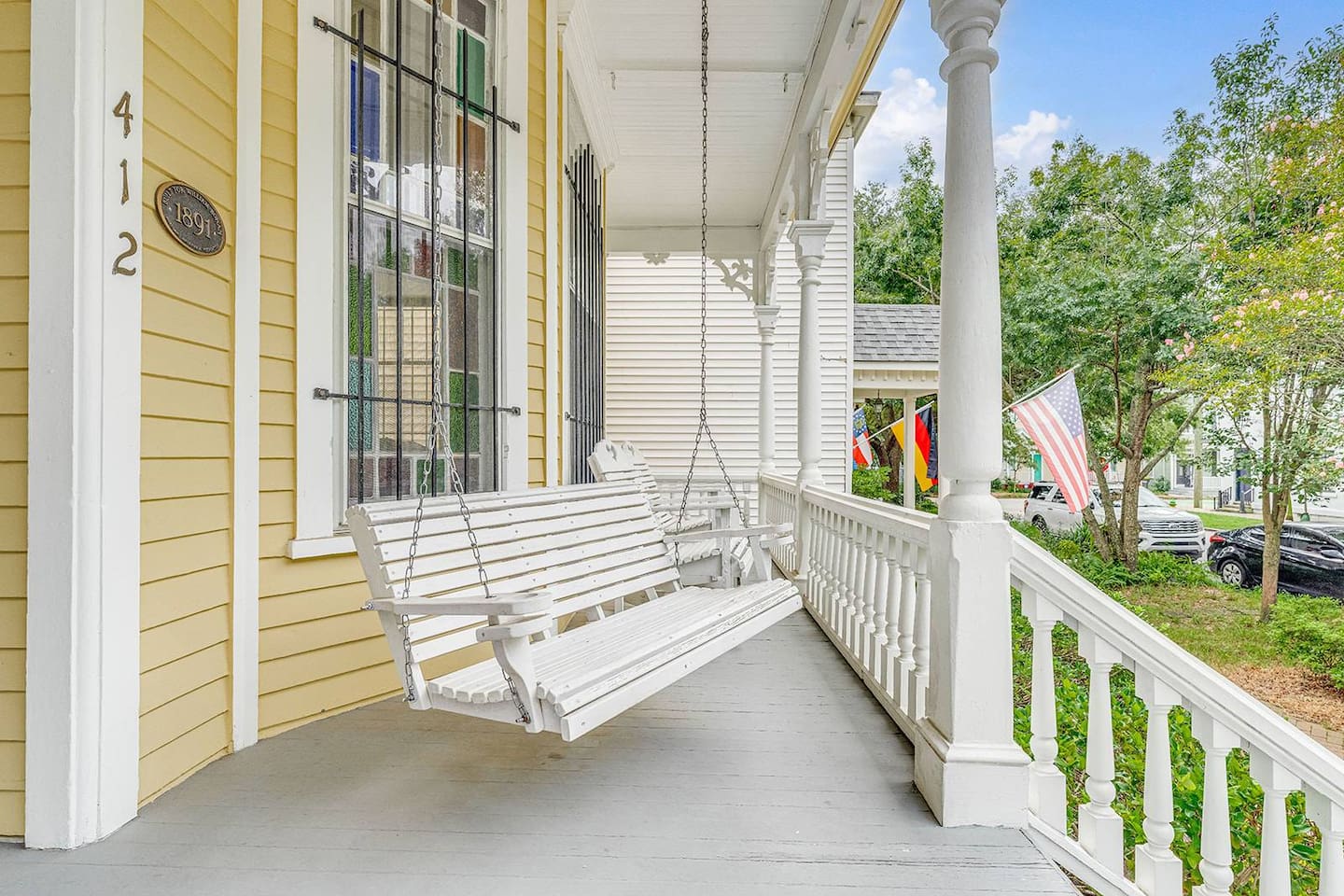 One of the absolutely highlights of this home is the covered front porch with the swing and two rockers.  A guest favorite, swing with your morning coffee or afternoon cocktail while waiving to folks as they walk by.