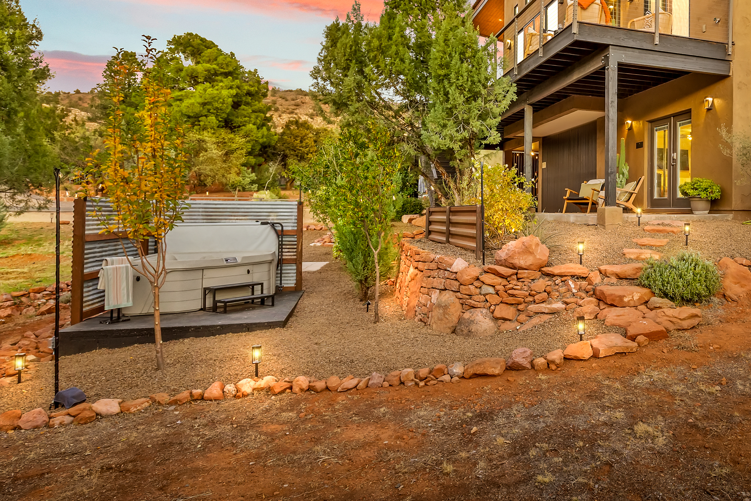 Enjoy a private 2-person hot tub tucked into a peaceful outdoor setting—perfect for unwinding after a day in Sedona.