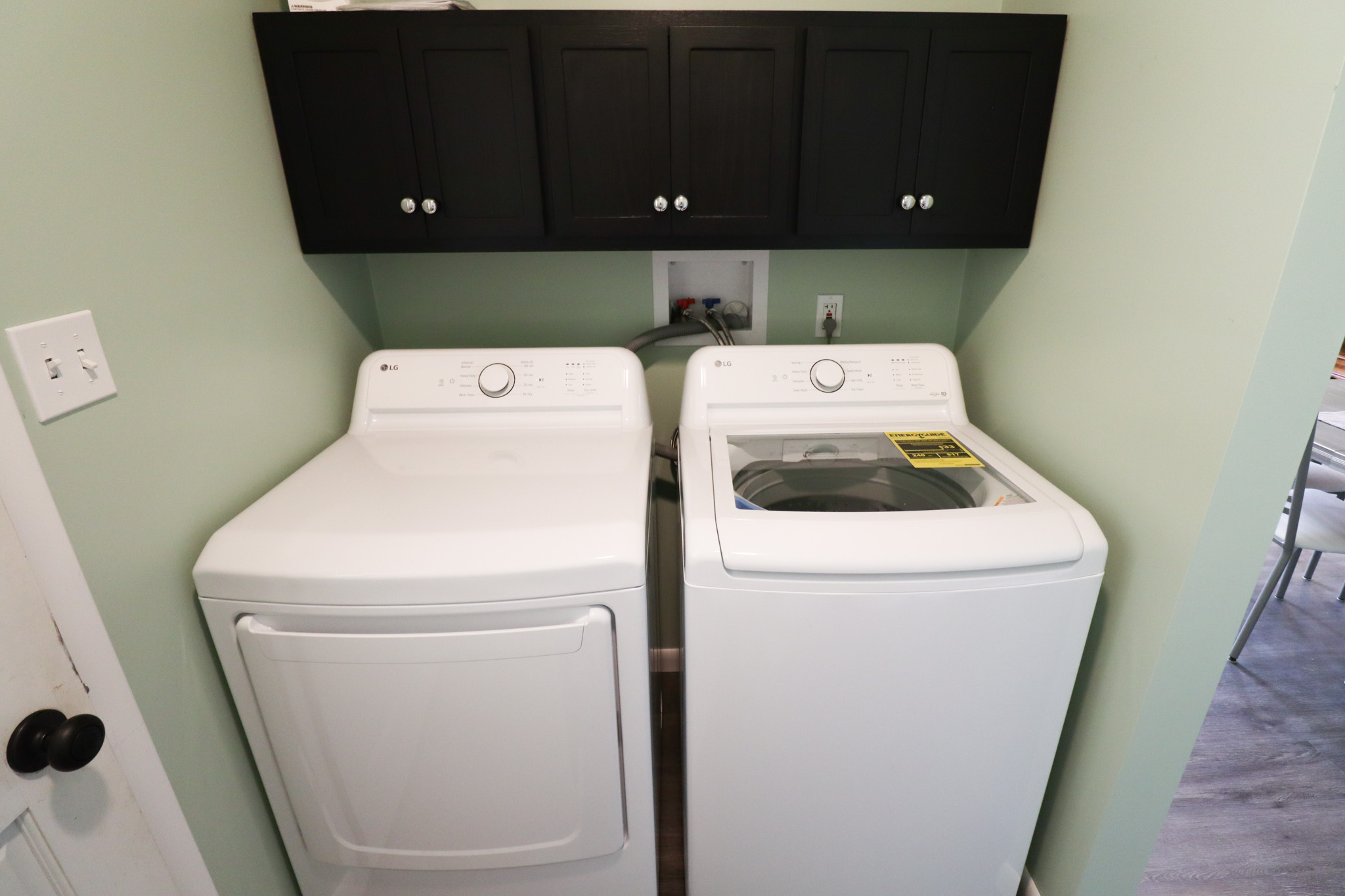 Full size washer and dryer with detergent available.