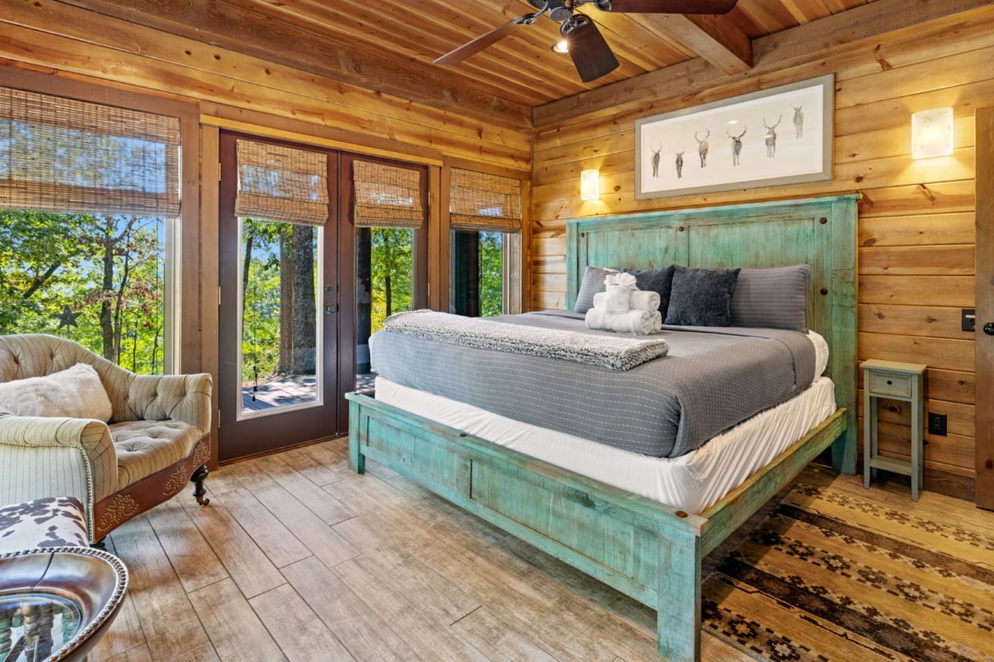 Sleep soundly in a cozy king bed, then wake to the soft glow of pine-filtered sunlight.
