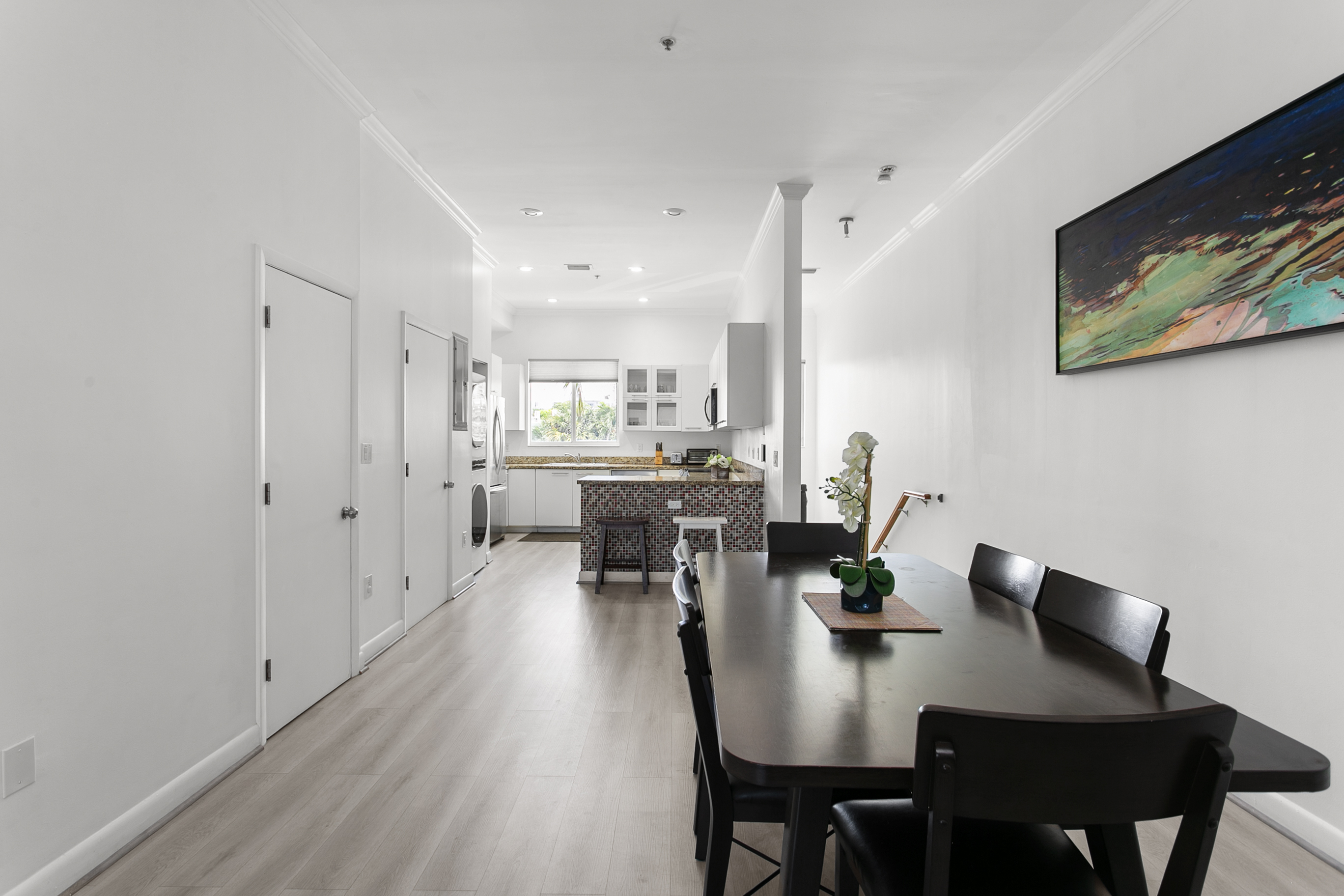 Large dining table with comfortable seating for six