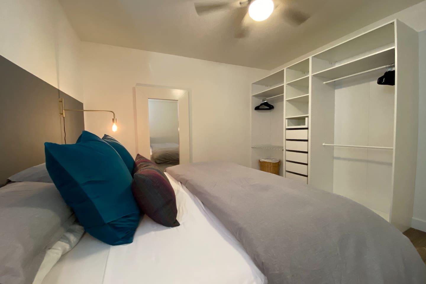 Master-bedroom Kings size bed and a big closet.
