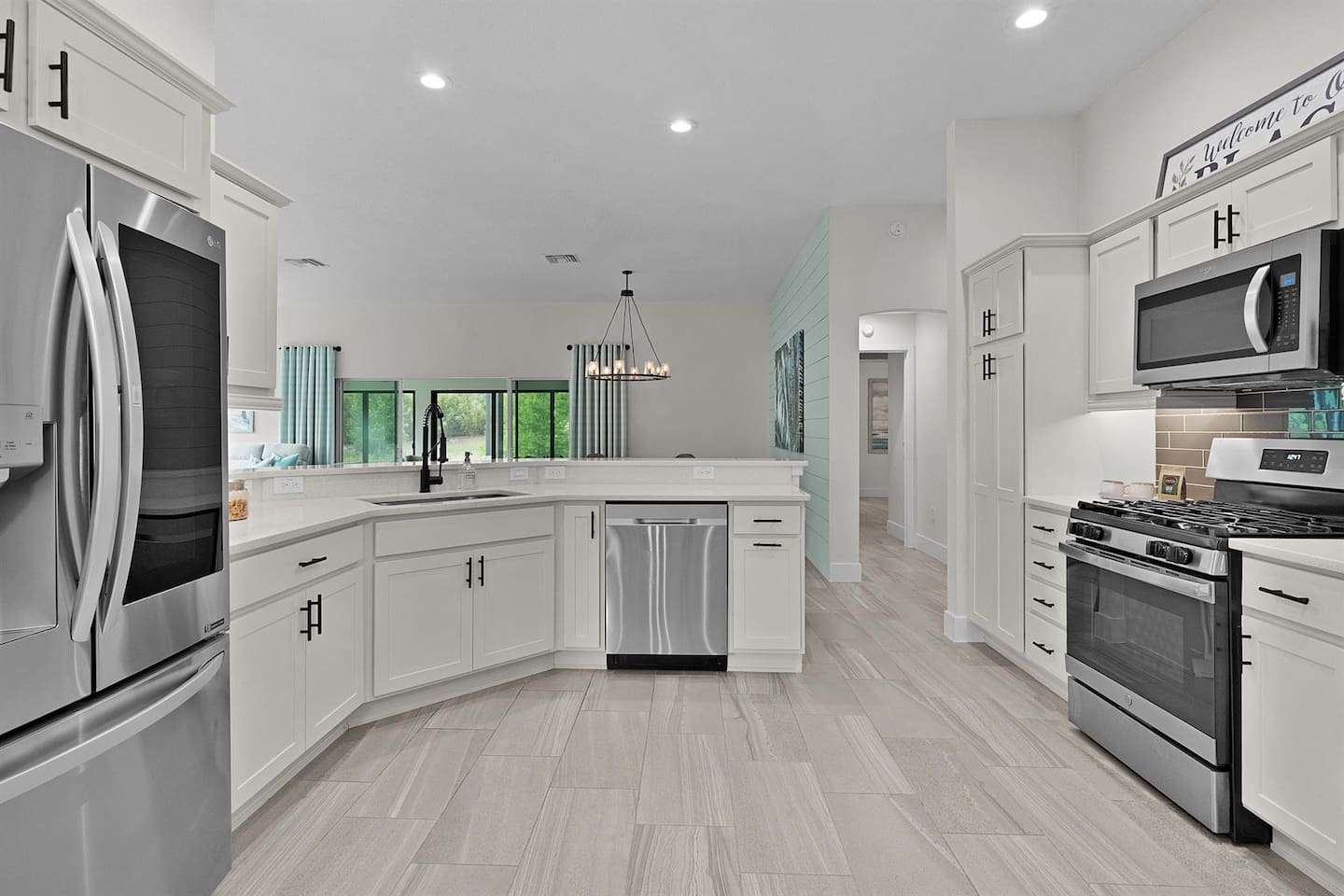 Open-concept kitchen flowing into living area