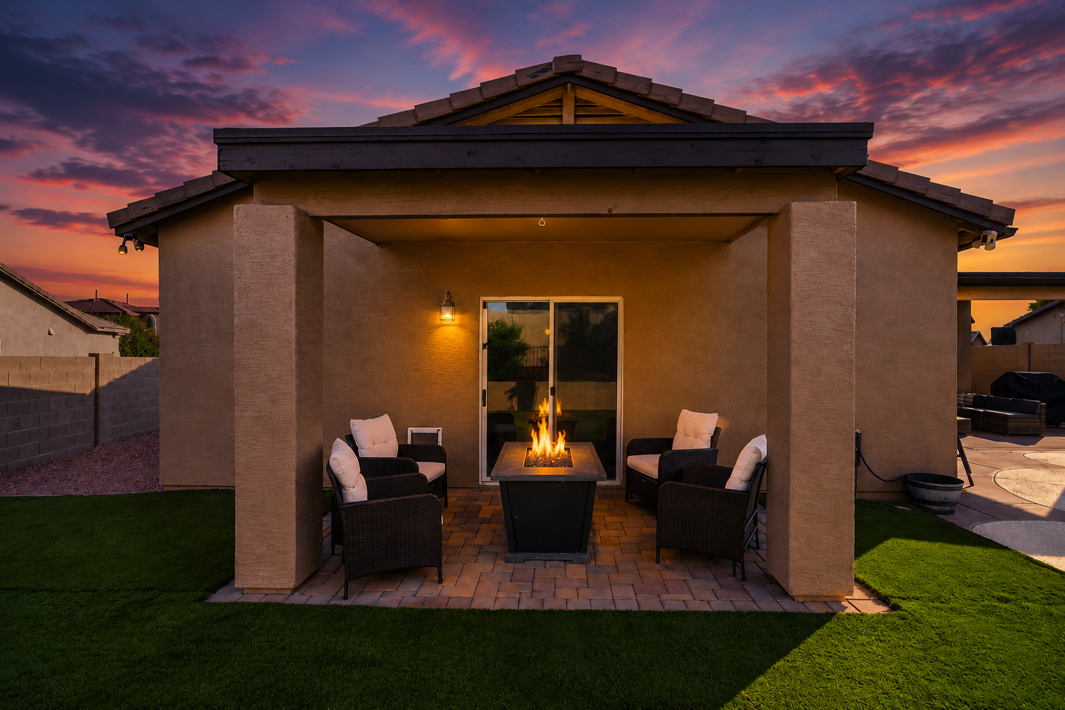 Twilight patio retreat with firelight