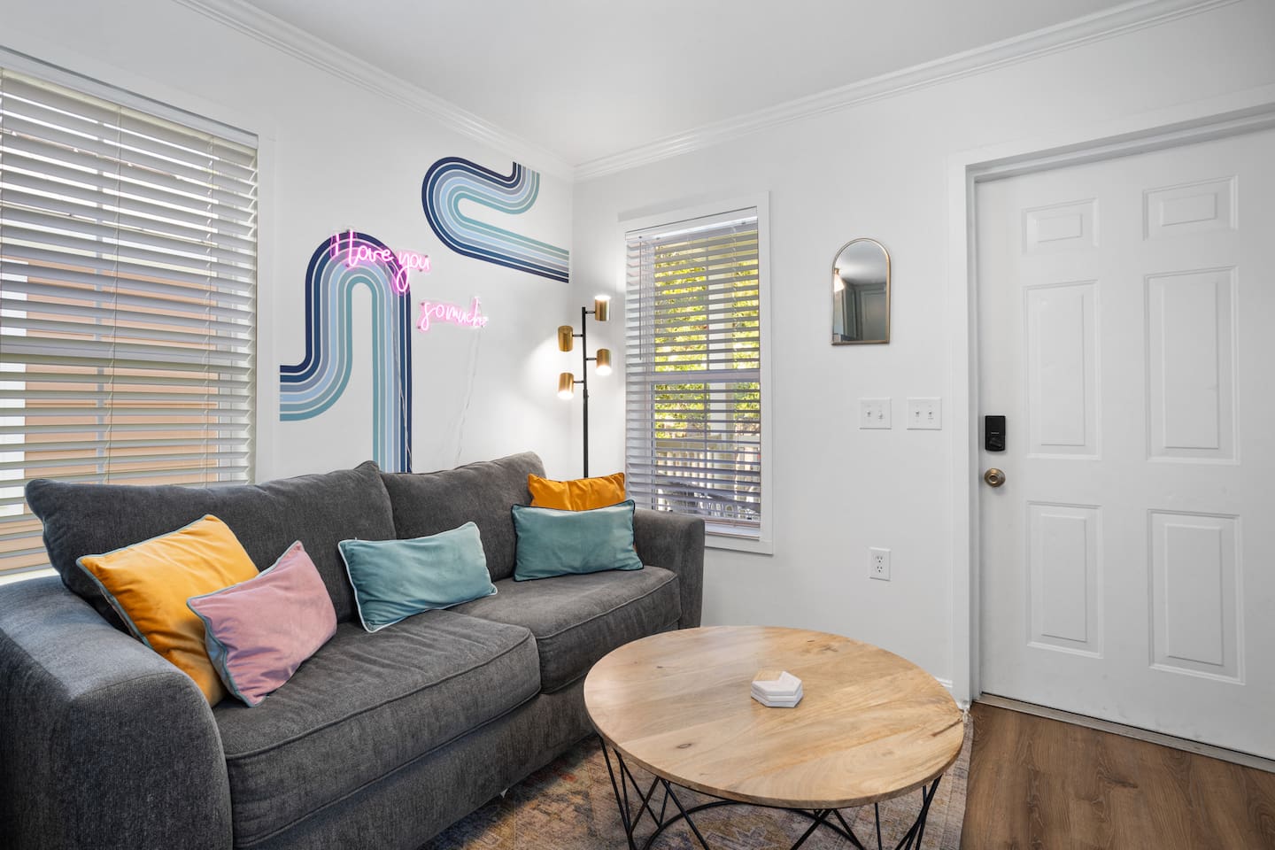Sofa sleeper and coffee table near the entrance to the cottage