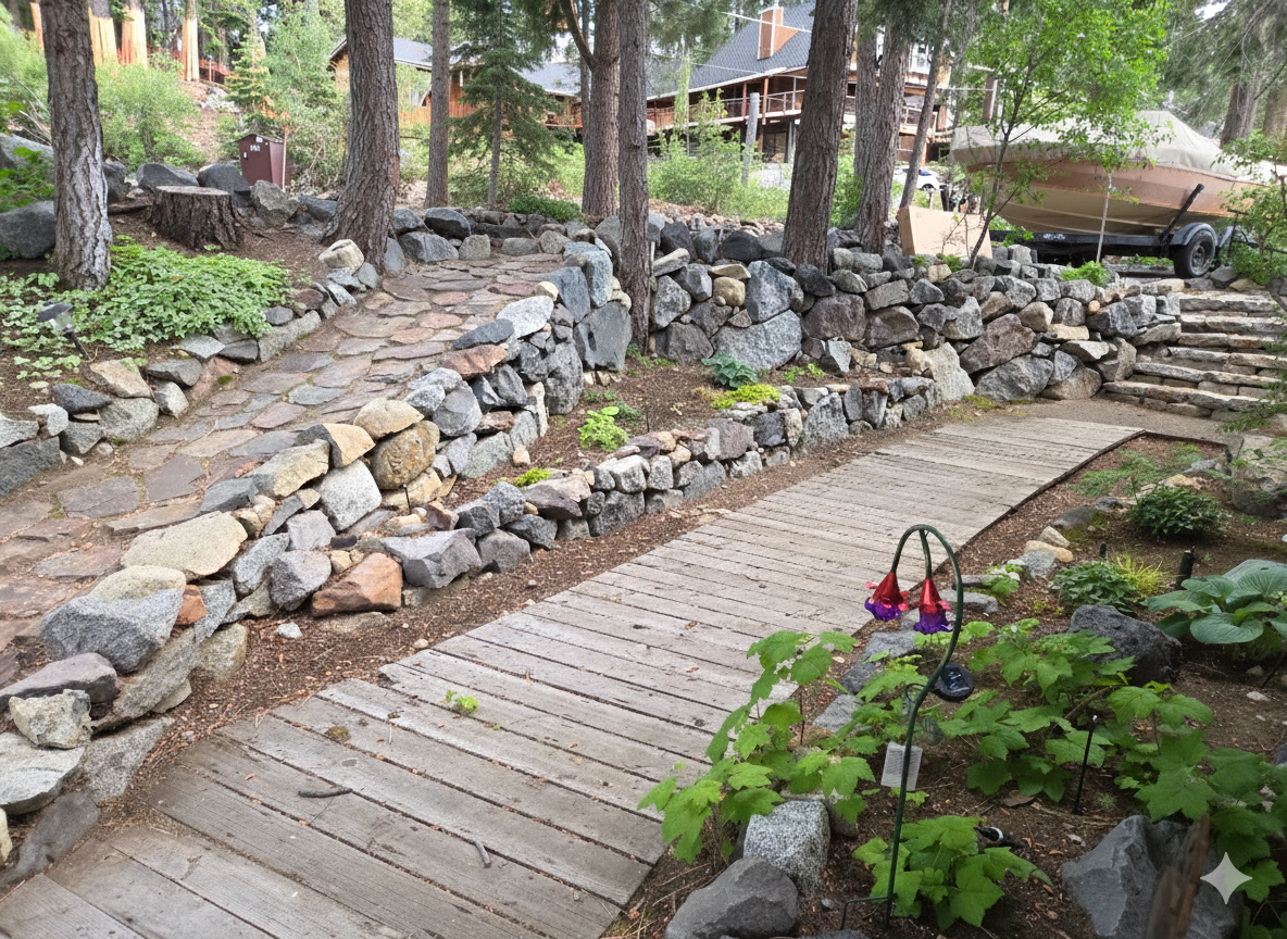Our front walkway, driveway and garden area. On the street side of the cabin.