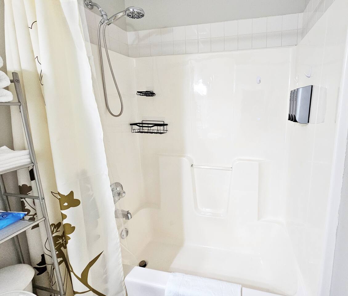 Brand new spa handheld shower head and dispensary. Plenty of in-shower storage as well. 