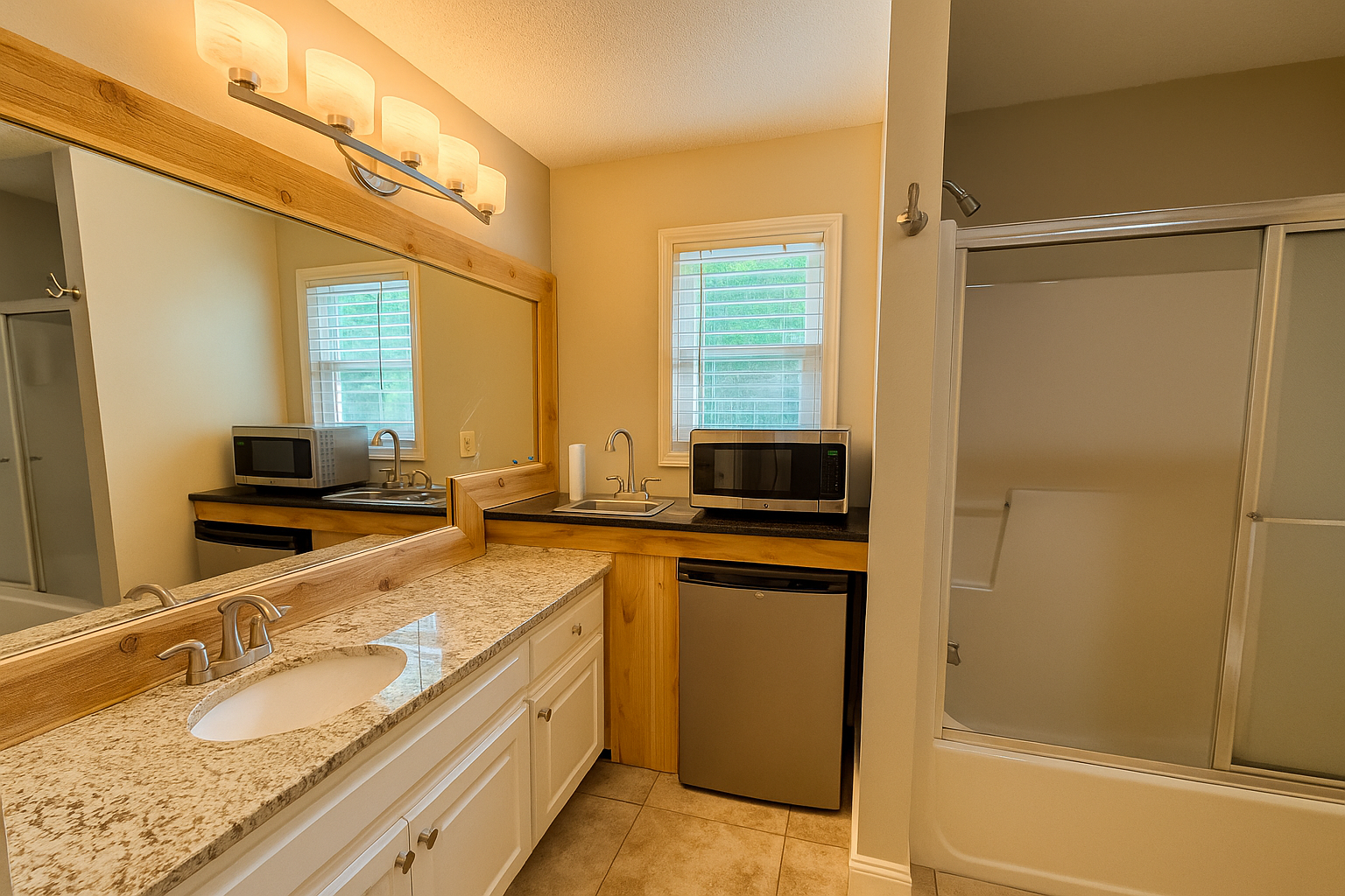 Unique setup with granite vanity and kitchenette area including a sink, fridge, microwave, and storage.