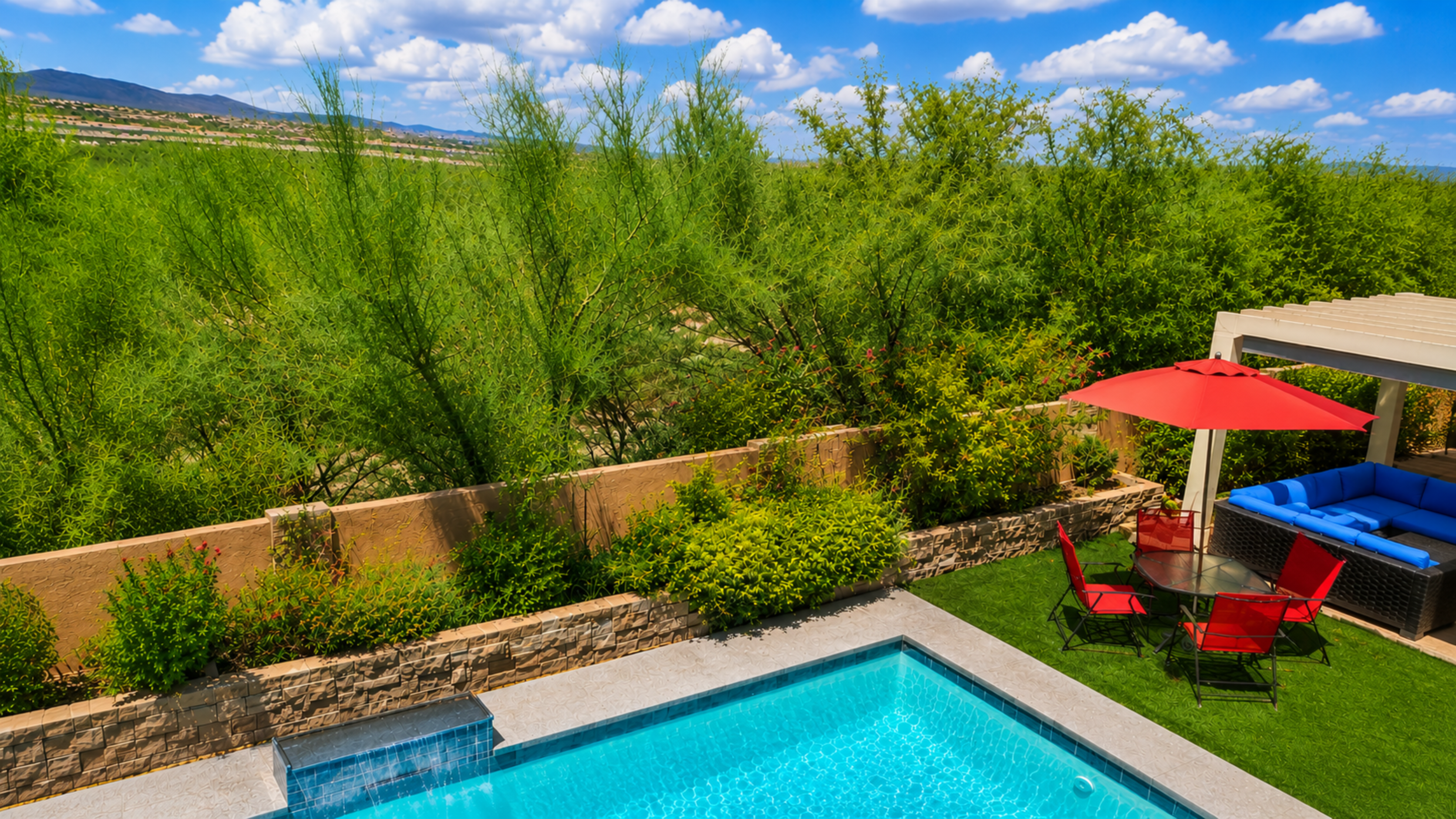 Relax and unwind in the private backyard and sparkling pool. No neighbors behind you.