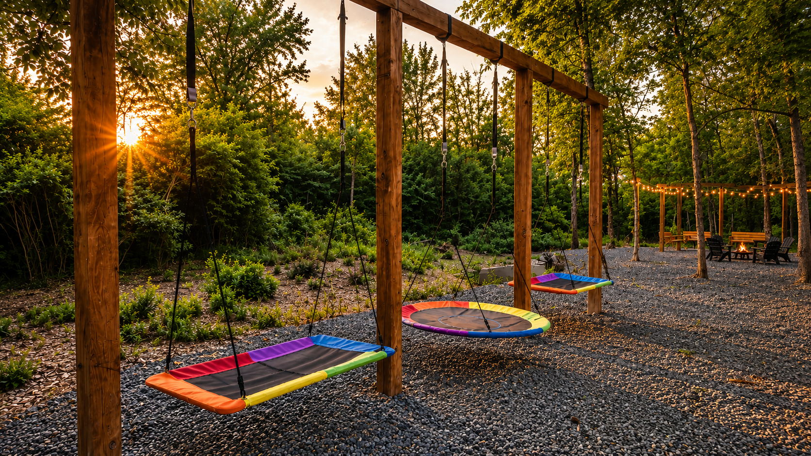 Outdoor Fun: Swing into relaxation among nature with vibrant swings and scenic sunset views!