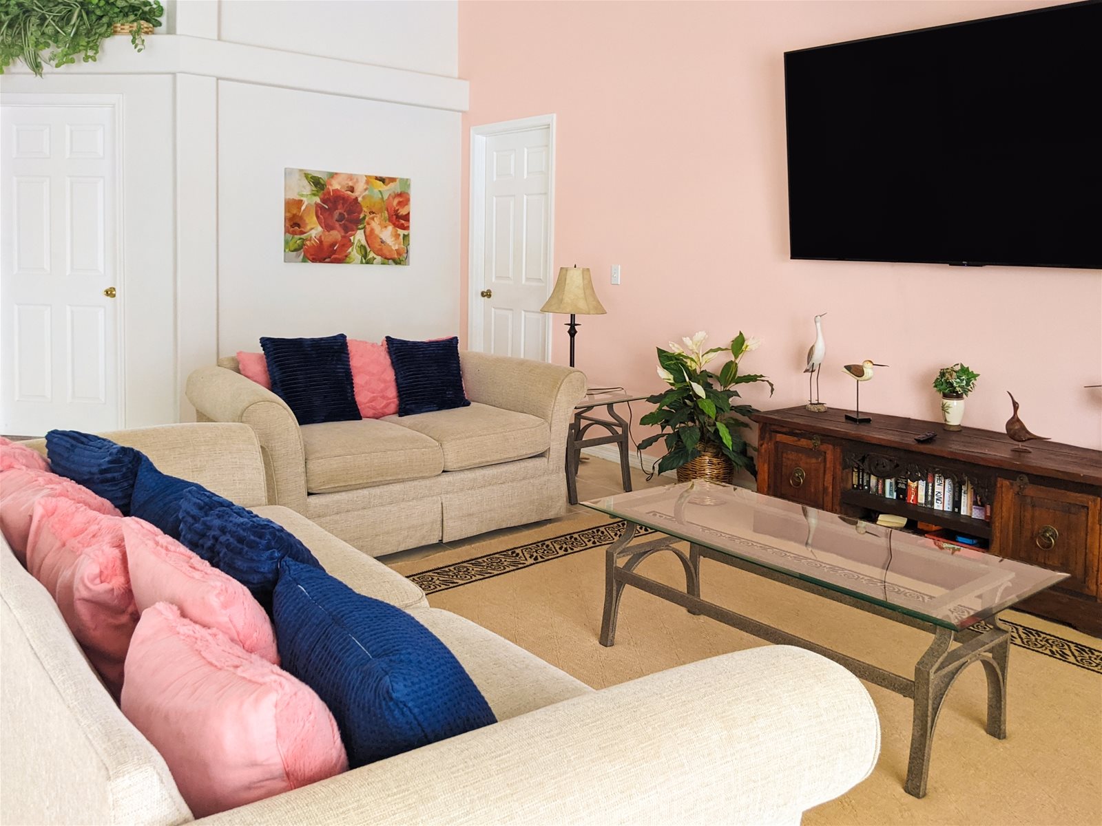 Large screen TV with expanded cable and music system.