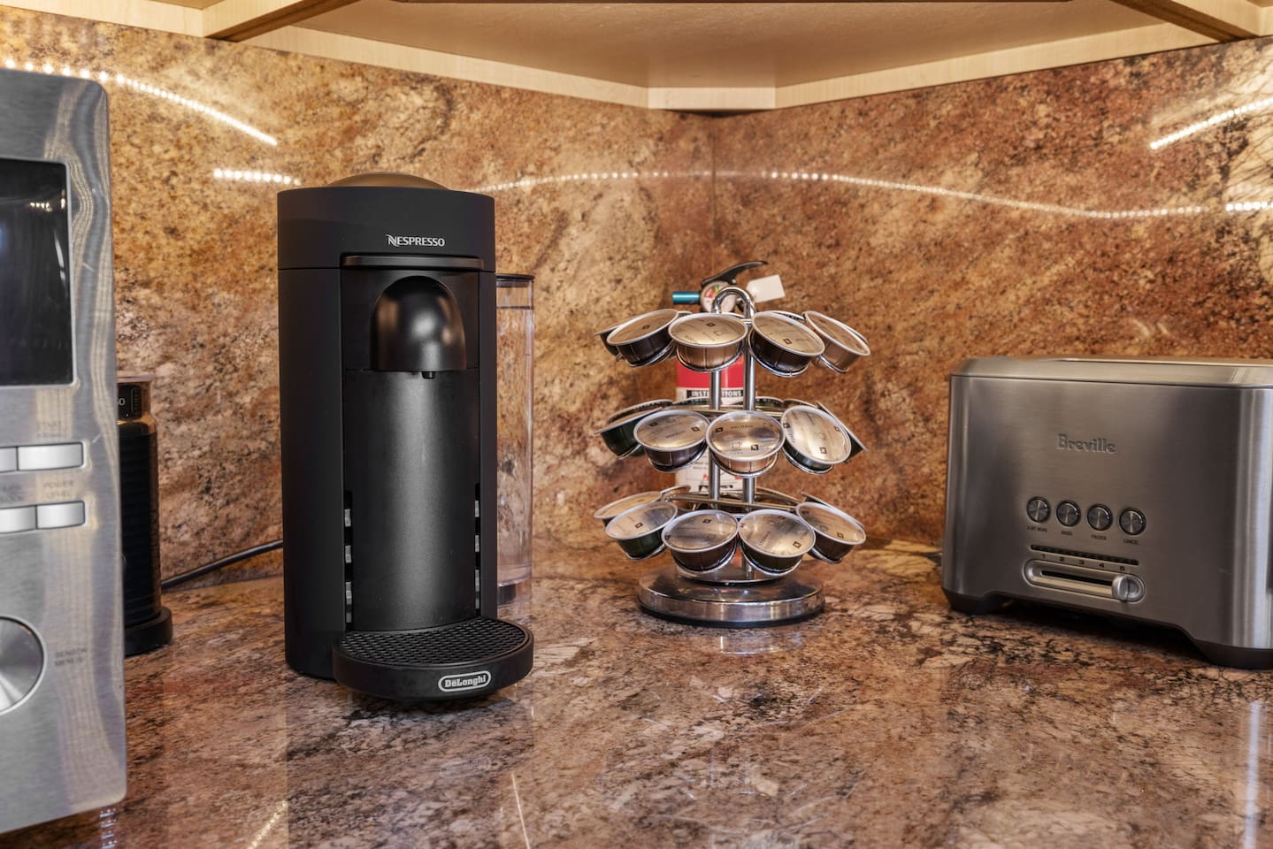 Coffee station - Nespresso with 20+ pods provided, Cusinart drip coffee maker, with grounds provided, pour over carafe, french press, instant coffee, half and half in the refrigerator