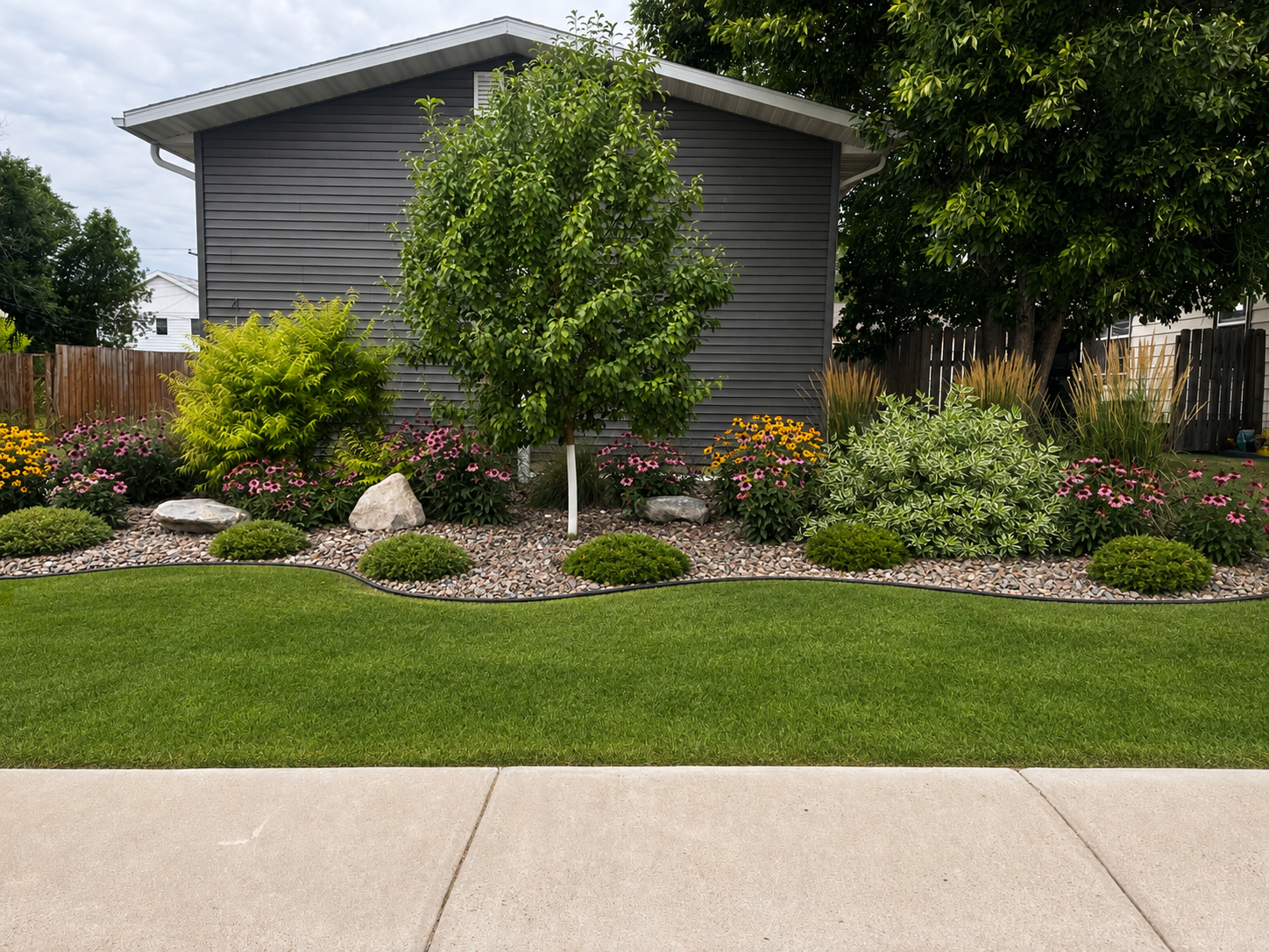 Beautifully landscaped yard with lush lawn, mature trees, and colorful garden beds