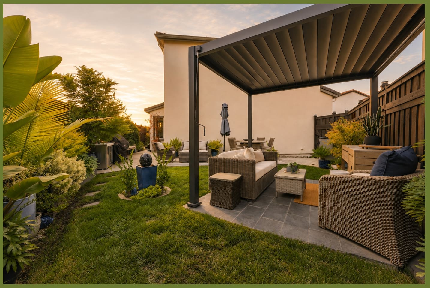Covered backyard lounge with cushioned seating, sunset light, garden landscaping, and a quiet spot to relax outdoors.