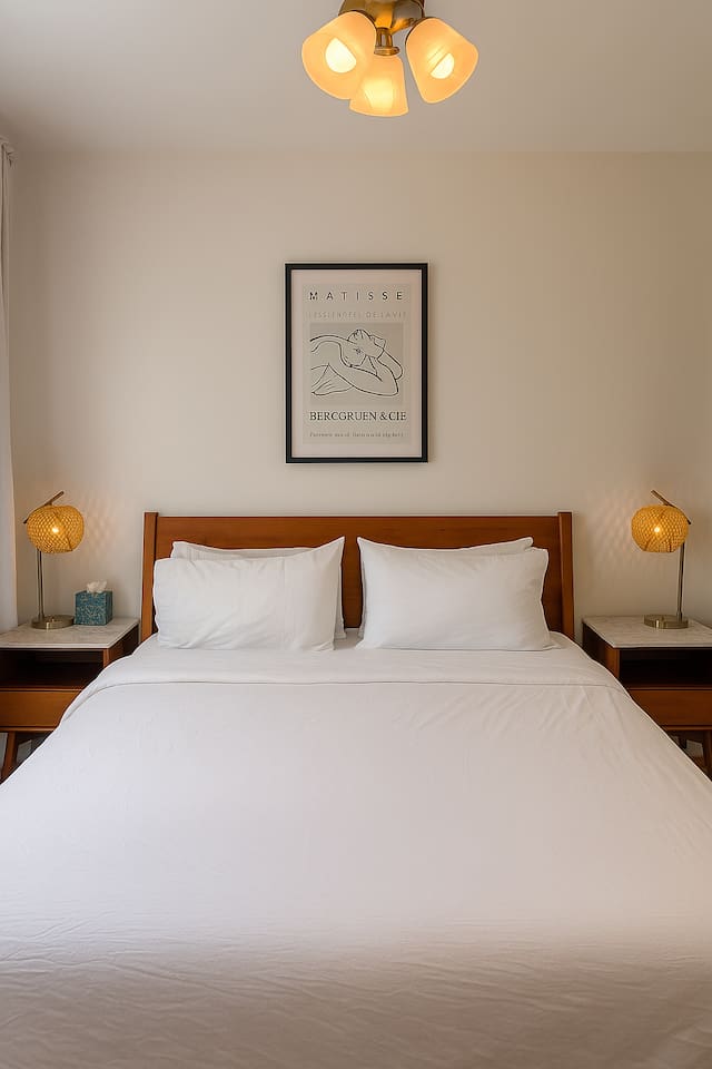 Balance bedside lighting, accessible outlets, and hotel-level mattress setup —designed for comfort, charming, and late night reading.