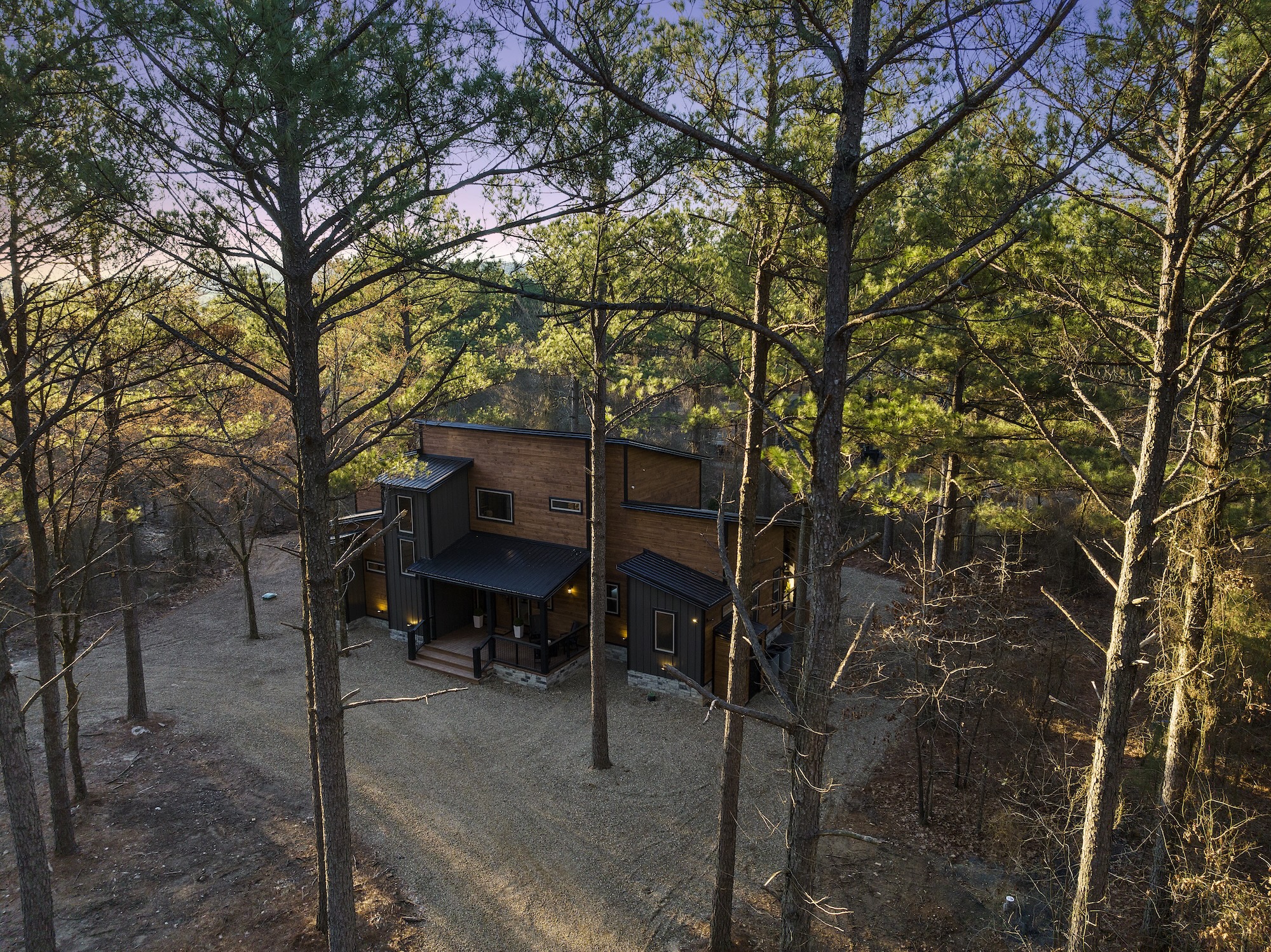 Modern cabin retreat tucked among towering pines for ultimate privacy and tranquility.