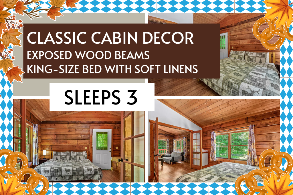 Classic cabin feel, exposed beams, and sleep-perfect bedding.