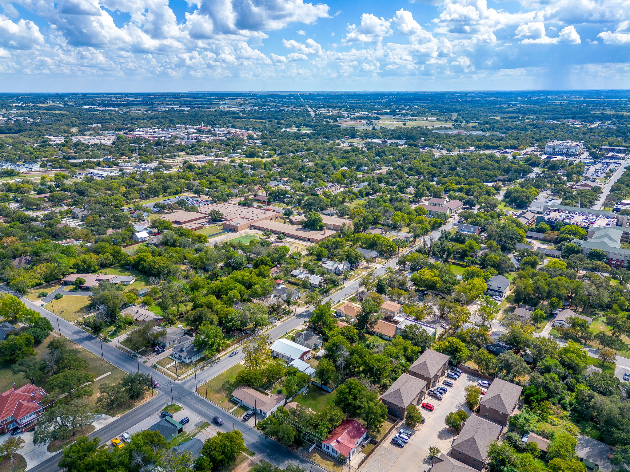 Aerial view looking toward Stephenville’s historic square and attractions