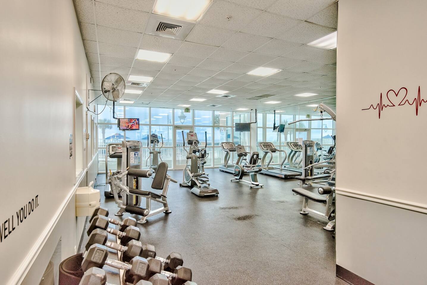 Large, well appointed fitness center (treadmills, stationary bikes, ellipticals, weight machines, and free weights) at Majestic Sun with Pool and Gulf view