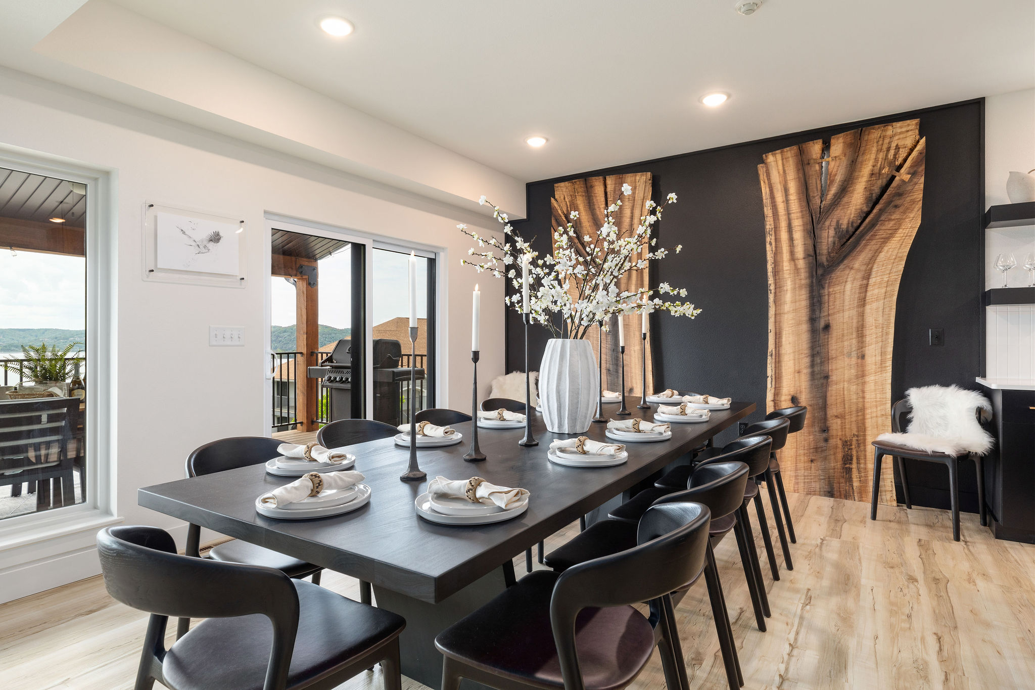 The lovely wooden accents are light from behind