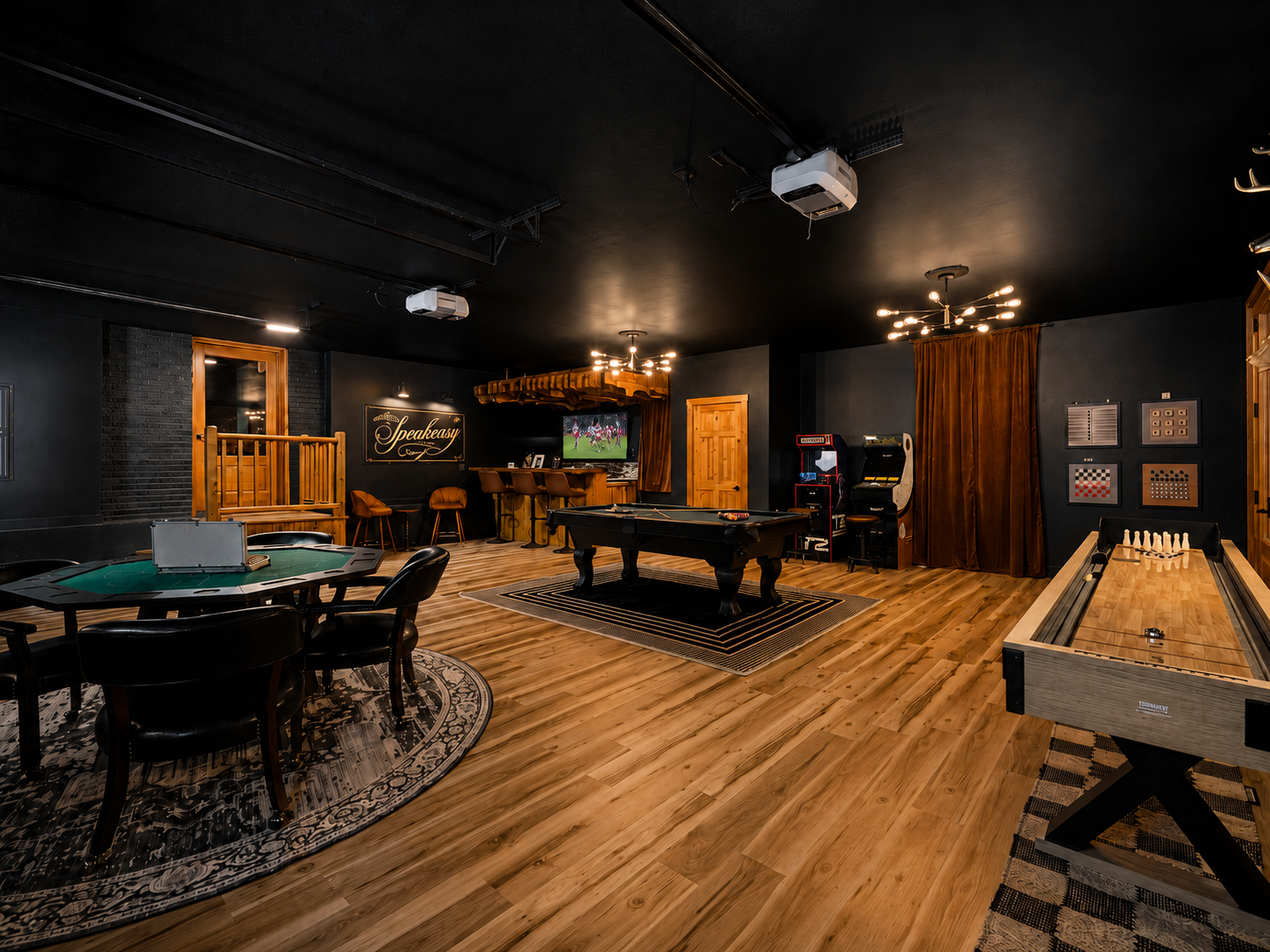 {Speakeasy Game Room} Pick your game, pour a drink, and let the night unfold with pool, shuffleboard, poker, darts, and classic arcade competition.