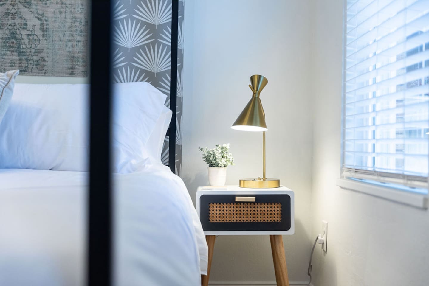Bed side table with lamp.