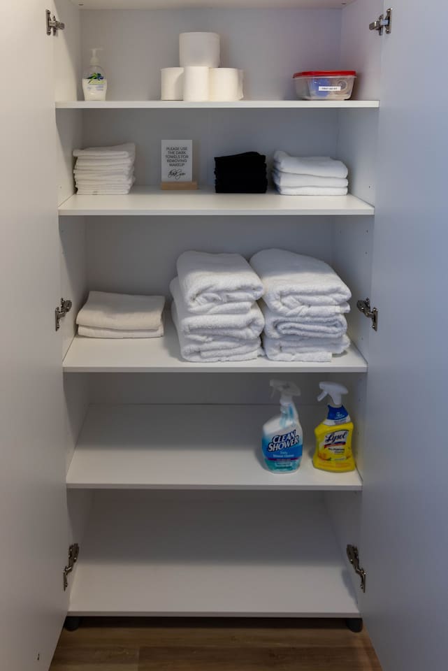 Storage cabinet in for convenient access to the towels and supplies. 