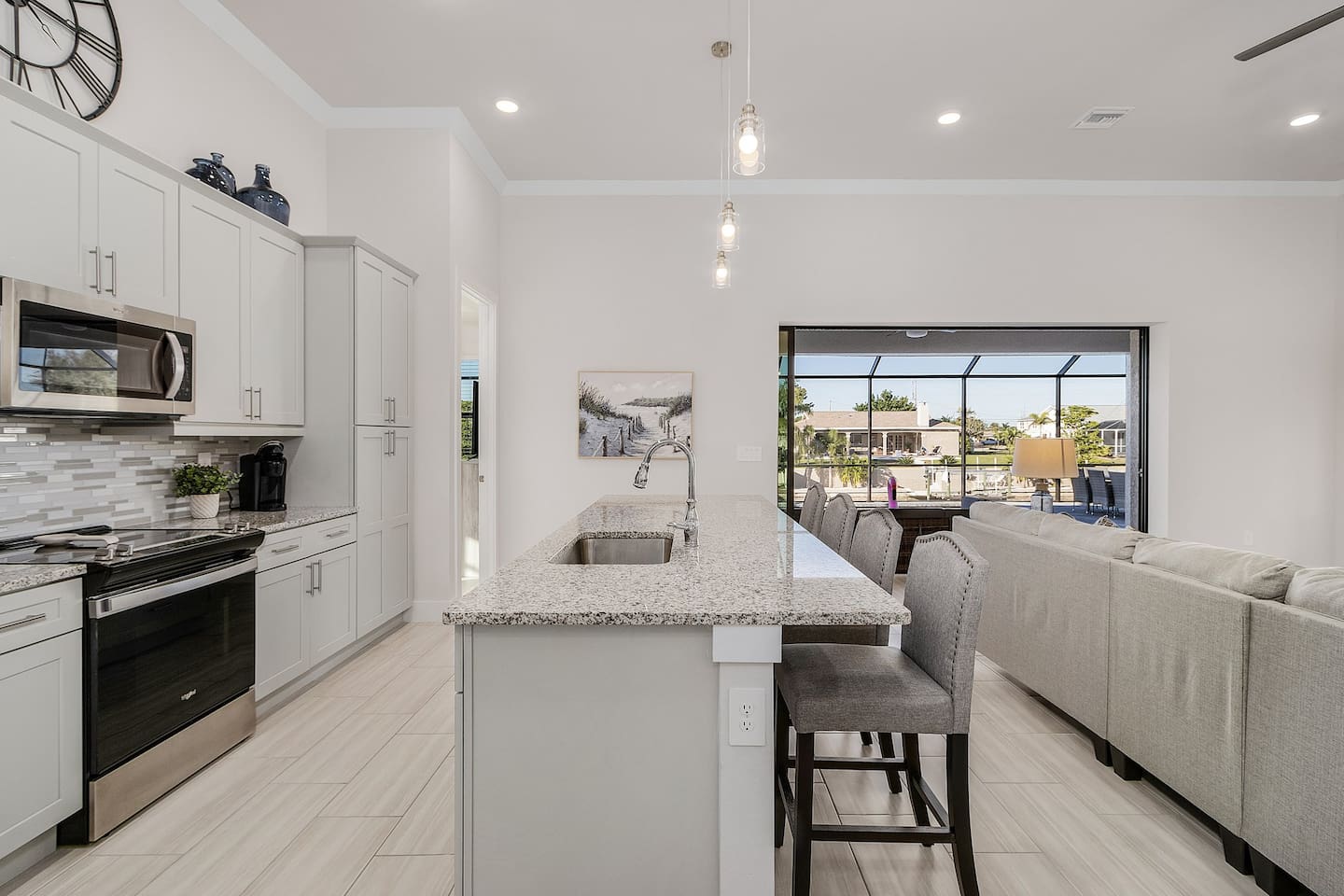Spacious kitchen island seats 4 for casual dining or gathering