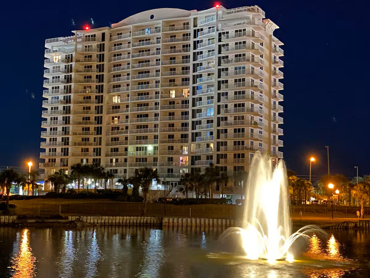 Take in the beauty of the lighted fountains on the property after dark.