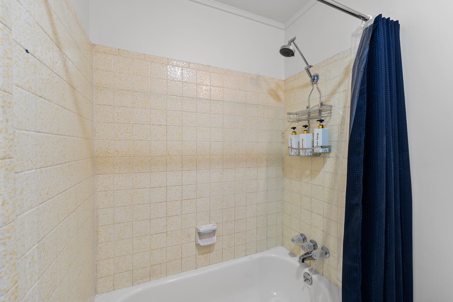 bathroom shower with full tub and contemporary tiles