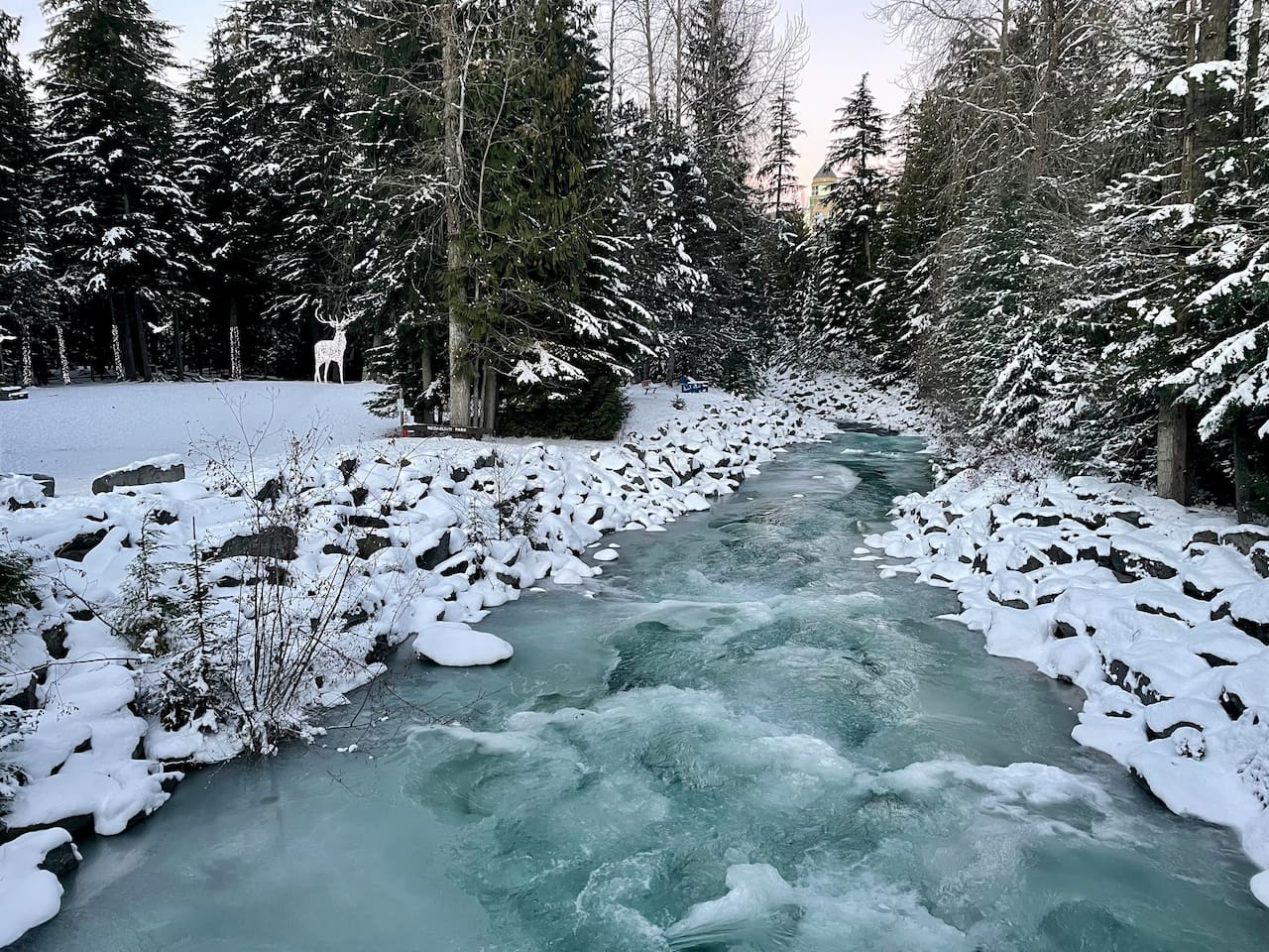Rebagliati park is tucked in beside the covered bridge between the Upper and Lower Village and bordered by Fitzsimmons Creek.  The covered bridge is less than 100 metres from Best Whistler Rentals. This is literally your back yard.
