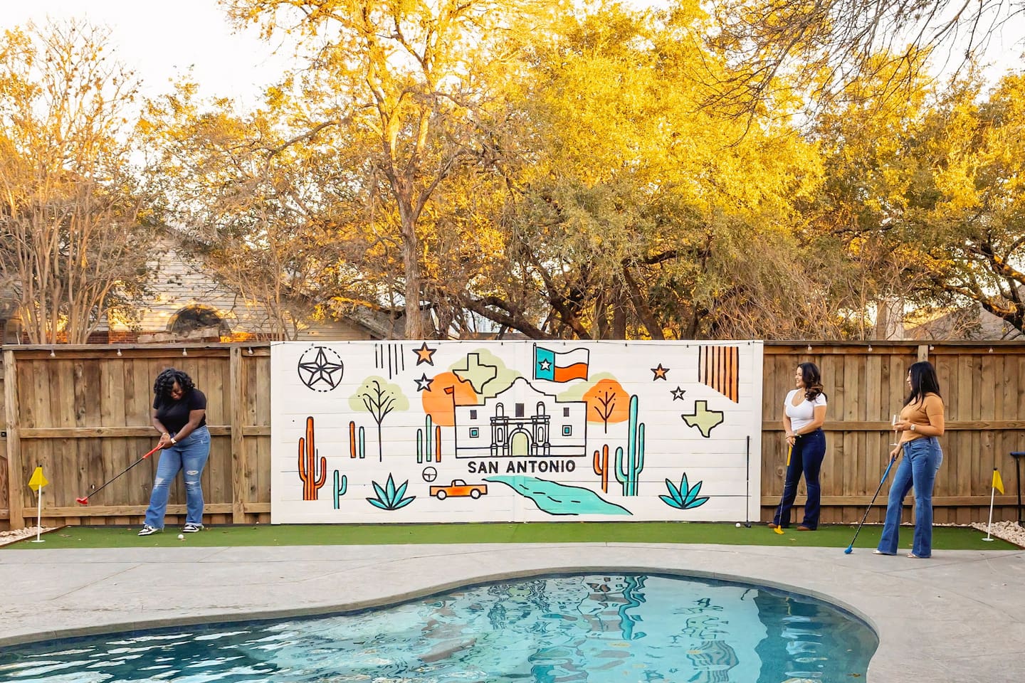 Tee off by the pool! ⛳  
Your private backyard mini golf course is ready for some friendly competition.