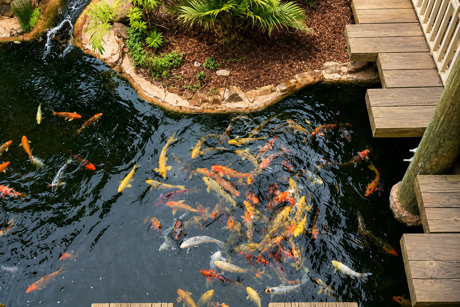 Children enjoy feeding the giant koi using the 25-cent pellet dispenser