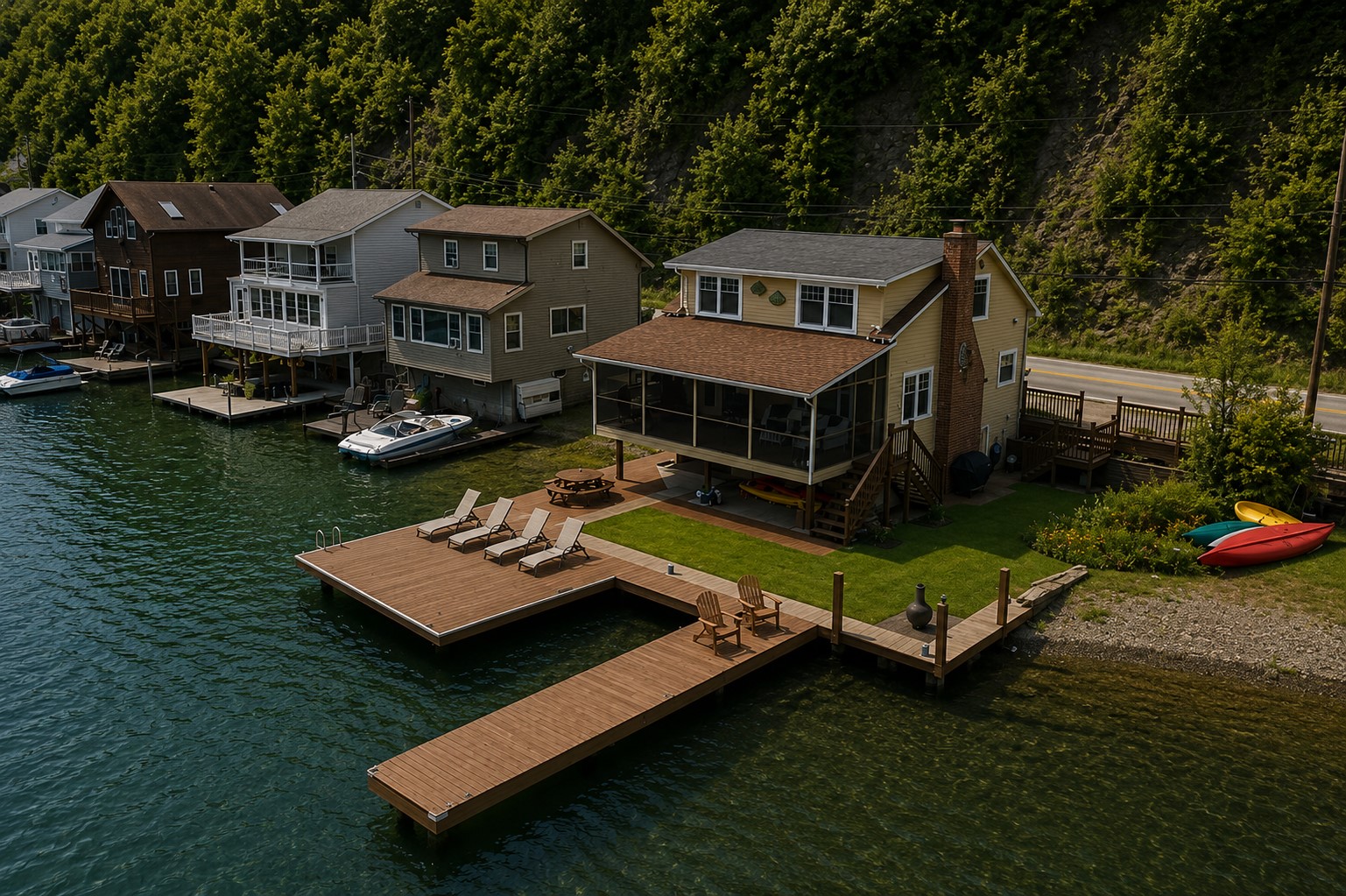 Nestled at the edge of a serene lake, this charming dock features a row of inviting, comfortable chairs, perfect for relaxing and enjoying the peaceful surroundings. The chairs, crafted from weather-resistant materials, are designed for comfort with 
