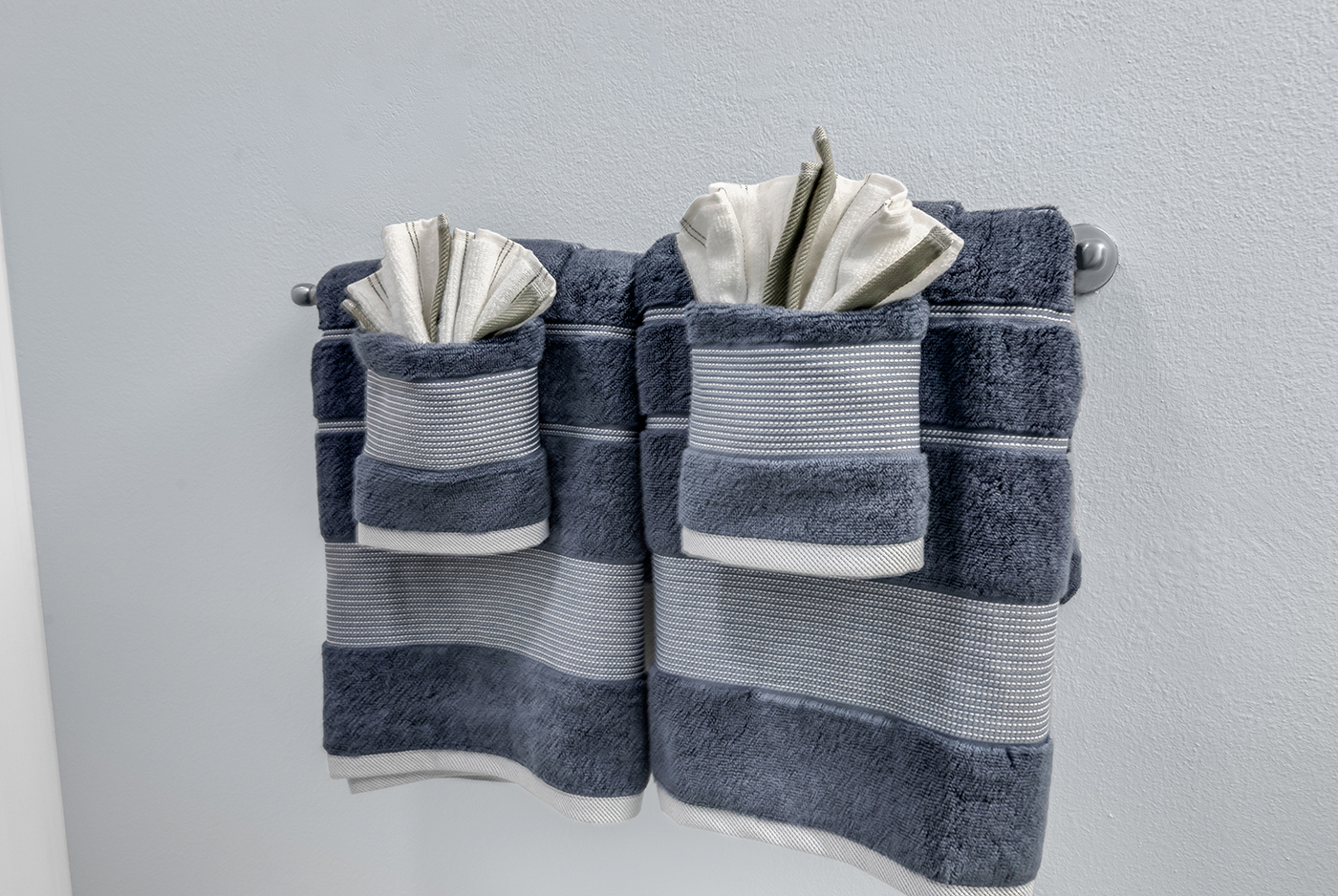 Each guest receives washcloth, hand towel, and towel 